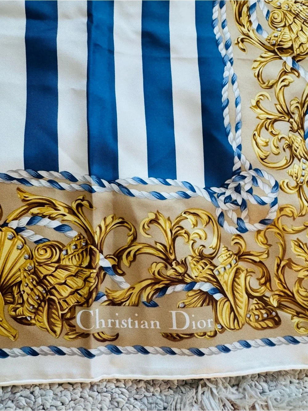 Authentic Dior Blue White and Gold Printed Silk Scarf